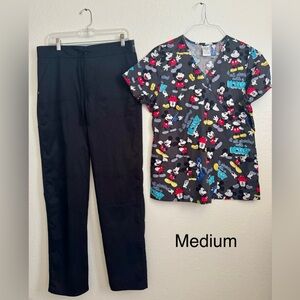 Mickey Mouse Print Scrub Top and Black Pants Set